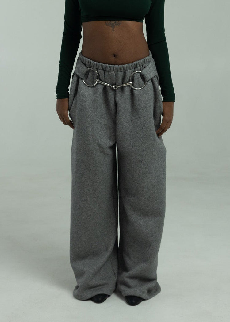 Model wearing charcoal pants from the front